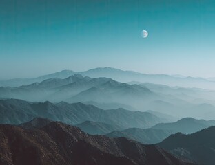 Misty mountain range panorama under a pale moon