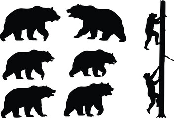 Bear silhouette vector illustration set with wild animal poses, aggressive roaring bear, climbing tree man, nature wildlife hunting design