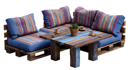 Relaxing outdoor lounge area featuring a repurposed pallet sofa and coffee table, decorated with striped cushions, small coffee cups, and a potted plant; a cozy setting with a rustic and colorful...