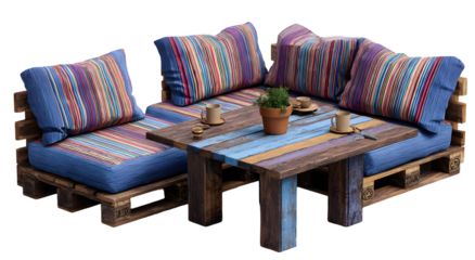 Relaxing outdoor lounge area featuring a repurposed pallet sofa and coffee table, decorated with striped cushions, small coffee cups, and a potted plant; a cozy setting with a rustic and colorful...