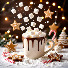 “White holiday mug of hot chocolate with marshmallows and chocolate drizzle, surrounded by gingerbread stars, candy canes, snowy surface, and magical Christmas tree lights”