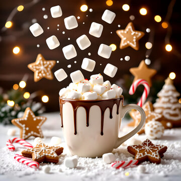 &ldquo;White holiday mug of hot chocolate with marshmallows and chocolate drizzle, surrounded by gingerbread stars, candy canes, snowy surface, and magical Christmas tree lights&rdquo;