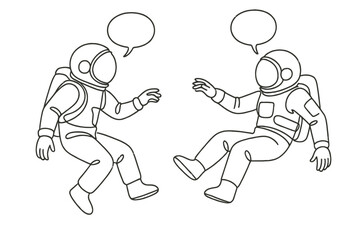 Two Astronauts in Space Zero Gravity Dialogue Line Art
