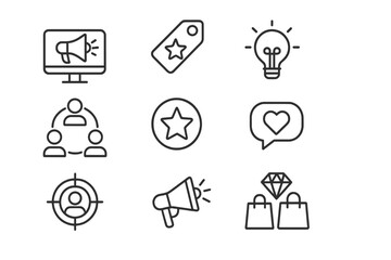 Branding and digital marketing web icon set. Line style icons for brand identity, promotion, target audience, social media engagement, collaboration, new ideas, and sales.