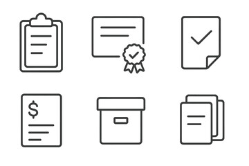 Document management line icon set. Business administration and office symbols. Vector icons of clipboard, certificate, approved file, invoice, archive, and documents.