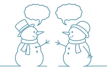 Two Snowmen Talking with Blank Speech Bubbles, Continuous Line Drawing in Winter Blue

