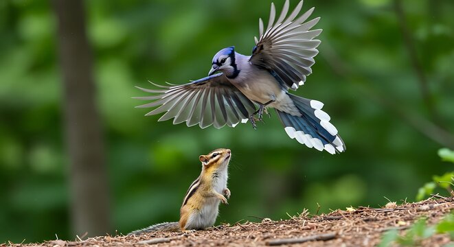 A dramatic encounter between a blue jay soaring and a curious chipmunk - Powered by Adobe