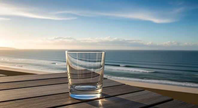 Coastal relaxation: Empty glass on wooden table overlooking the serene ocean landscape perfect for a vacation getaway