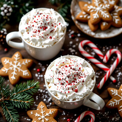 “Two white mugs of hot chocolate with whipped cream and red sprinkles, surrounded by gingerbread cookies, candy canes, pine needles, and festive holiday decorations”
