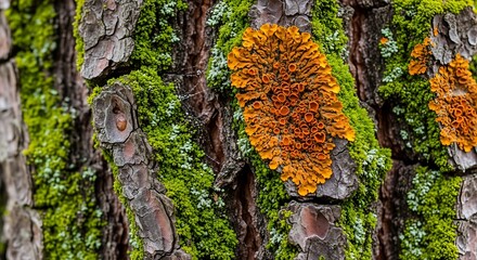 Detailed view of mosses and lichen growing on a textured tree trunk in natural light showcasing natures beauty and