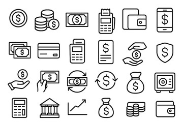 Money and payment line icon set. Financial, banking and investment symbols. Business finance concept. Currency exchange, online transaction, credit card, wallet, and pay icons.