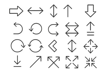 Big set of vector arrow icons. Line style web pictograms for navigation and user interface design. Includes refresh, reload, download, upload, resize, expand, and direction signs.