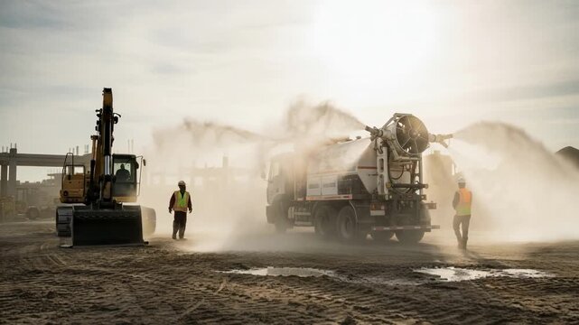 Medium shot capturing chemical dust suppression application with specialized nozzles spraying compounds that bind dust particles minimizing air pollution at construction sites.