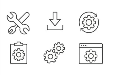 Setup and settings web icons collection in thin line style. Options, download, update, configuration, gears, and optimization symbols for website and app interface design.