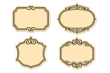 Set of vintage ornamental frames and retro labels. Collection of elegant sticker badges with classic decorative borders. Old-fashioned vector illustration for insignia or emblem.