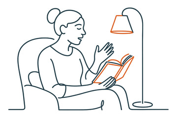 Continuous Line Drawing of Woman Reading Book in Armchair 