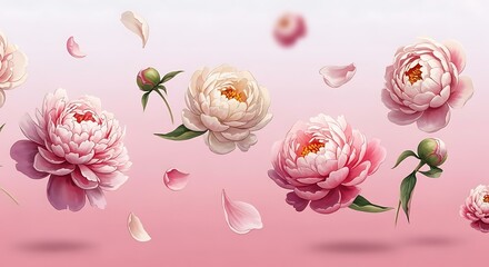 Elegant floral composition featuring pink and white peonies with soft petals and buds on a gradient backdrop creating
