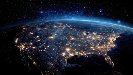 Aerial view of a nighttime Earth, showcasing the illuminated continents of North America