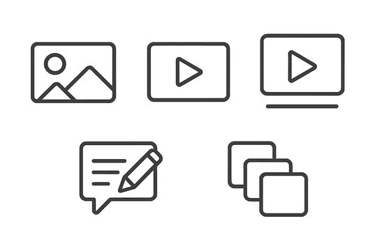 Web content icons set in modern line style vector illustration, photo and video media symbols, blogging and social media elements, transparent background, ordered collection