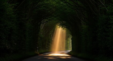 Enchanting woodland tunnel, illuminated path through greenery and foliage