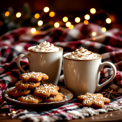“Cozy winter hot chocolate mugs with whipped cream and caramel drizzle on a plaid blanket, star-shaped cookies, and warm festive lights in a holiday atmosphere”