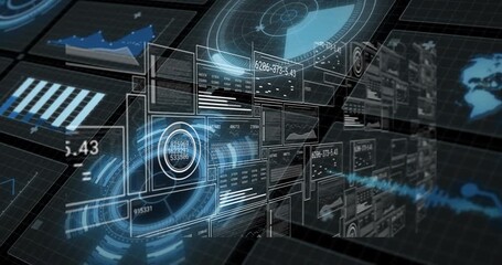 On start, holographic interface pulsing, panels sliding and numbers updating showing live data - Powered by Adobe