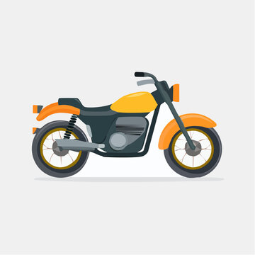 A vibrant orange and dark green flat design motorcycle with sleek lines and minimalist details, depicted in a modern artistic style against a clean white background, conveying a sense of spe