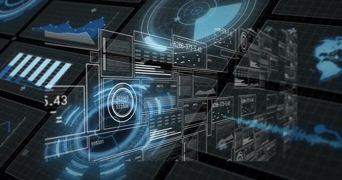On start, holographic interface pulsing, panels sliding and numbers updating showing live data