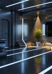 Futuristic Interior Design with Sleek Metallic Surfaces and Illuminated Accents Demonstrating Advanced Technology