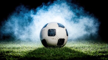 Fototapeta premium Soccer ball on a grassy field, dramatic lighting.