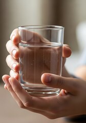 Hands carefully holding a refreshing glass of clear, cool water