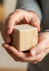 Hands gently cradling a solid wooden block, smooth and precisely crafted
