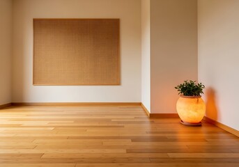 Inviting interior with wooden floor and a glowing planter in the corner