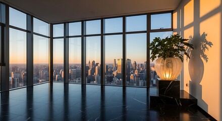 Modern apartment interior with a panoramic city view through large windows during a vibrant sunset golden hour glow