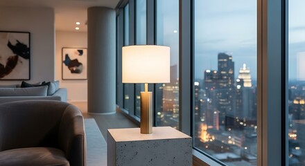 Modern urban living featuring a stylishly illuminated lamp with a stunning city view at dusk