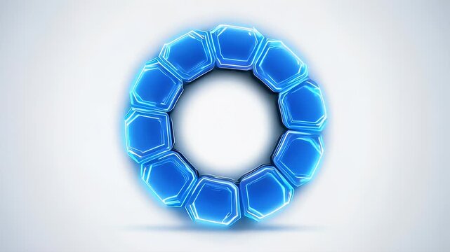 A 3D-rendered glowing blue ring made of interlocking hexagonal shapes, with a soft green/white gradient background