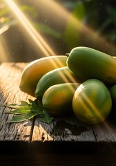 Papayas basking under the glow of the sun on vintage wooden table