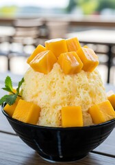 Refreshing mango shaved ice creation evoking summer flavors and dessert enjoyment