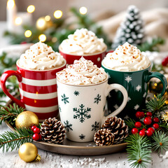 “Festive holiday mugs of hot chocolate with whipped cream, evergreen branches, pinecones, and ornaments in a cozy Christmas tree setting with warm lights”