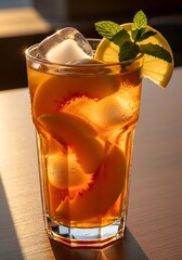 Refreshing peach iced tea with lemon and mint garnish at golden hour