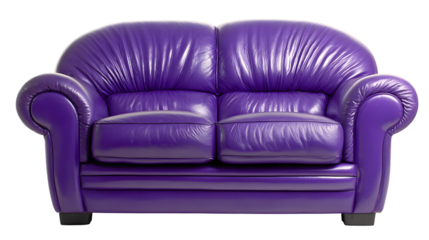 Two-seater purple leather sofa, illuminated by a soft light, is set against a dark background.