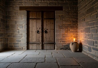 Rustic Entrance, Stone Walls and Candlelight Creates Warm Interior Setting