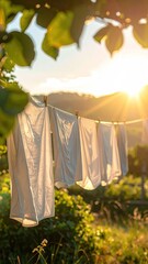 Sunlit White Laundry Drying on Clothesline in Green Garden at Golden Hour