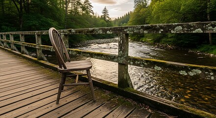 Rustic chair on mossy wooden bridge spanning peaceful river surrounded by green nature forest, a tranquil outdoor