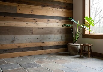 Rustic indoor space featuring a reclaimed wood wall, stone tile floor, and a vibrant monstera plant creating a warm