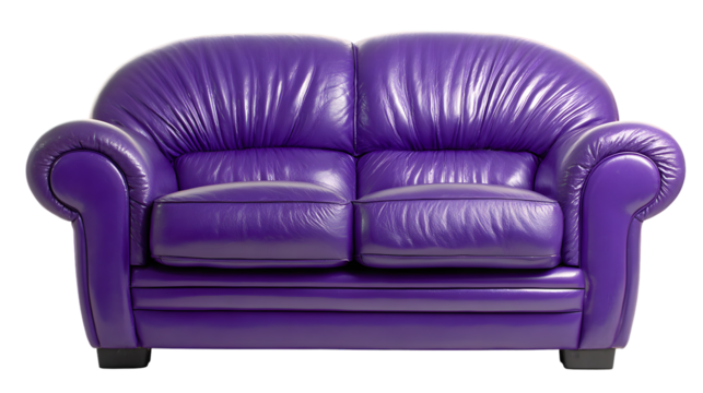 Two-seater purple leather sofa, illuminated by a soft light, is set against a dark background.