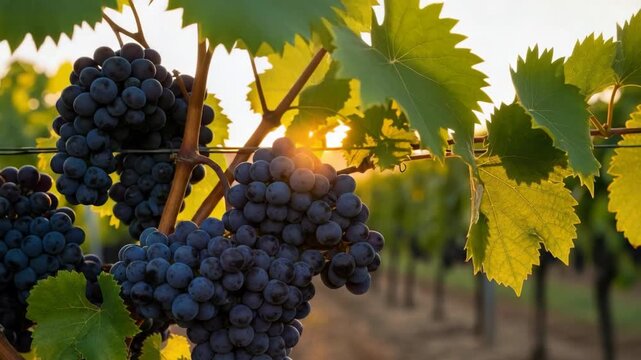 Close-up of plump dark purple grapes on vine kissed by golden hour sunlight Vibrant green leaves glow with blurred vineyard rows receding into the warm soft background