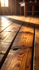 Sunlit Wooden Floor with Golden Hour Light and Wood Grain Detail in Rustic Interior Setting Vertical Shot