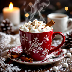 Cozy Winter Hot Chocolate with Cinnamon in a Red Snowflake Mug on a Wooden Table with Festive Bokeh Background.