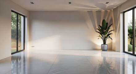Sleek modern interior showcasing a minimalist design with natural light and a decorative plant creating a serene